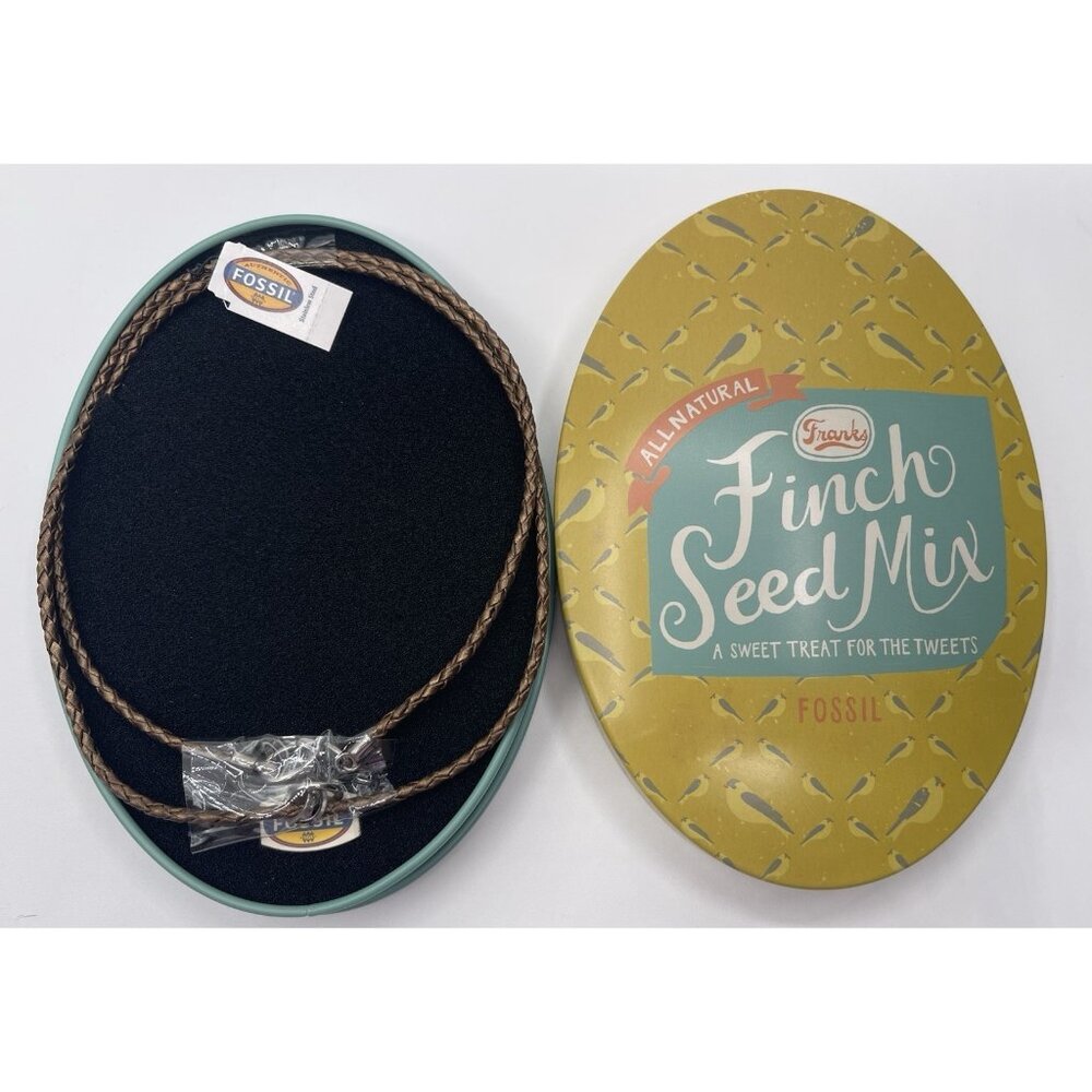 FOSSIL Charm‎ Braided Leather Necklace in Finch Seed Mix Tin